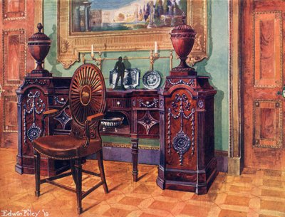 Geschnitztes Mahagoni-Sockel-Sideboard. Ovaler Rad-Rücken-Meisterstuhl von Edwin John Foley
