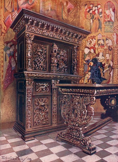 Schnitzereiche-Armoire, mit dem Chiffre von Lambert Suavius aus Lüttich. Schnitzereiche-Tisch von Edwin John Foley