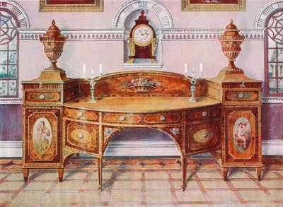 Bemalter und eingelegter Satinholz-Sideboard. Mahagoni-Konsolenuhr von Edwin John Foley