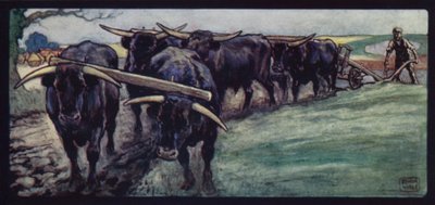 Ochsen pflügen auf den Sussex Downs (Farblithografie) von Edwin Noble