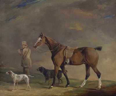 Ein Jäger mit Schusspferd und Jagdhunden von Edwin W. Cooper