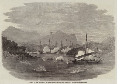 Boote von HM Kanonenboot Flamer zerstören chinesische Piraten-Dschunken in der Cho-Kee-Bucht von Edwin Weedon