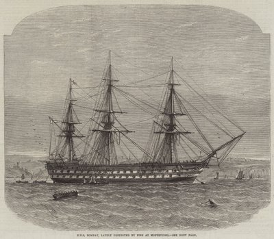 HMS Bombay, kürzlich durch Feuer in Montevideo zerstört von Edwin Weedon