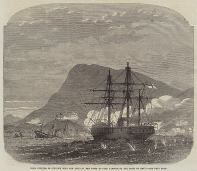 HMS Bulldog im Konflikt mit der Flottille und den Forts am Kap Haytien, an der Küste von Haiti von Edwin Weedon