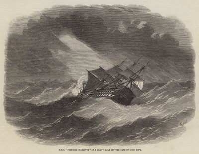 HMS Princess Charlotte in einem schweren Sturm vor dem Kap der Guten Hoffnung von Edwin Weedon