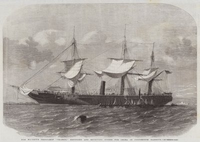Das Truppenschiff Ihrer Majestät Transit, das in Portsmouth Harbour für China umgerüstet und mit Vorräten beladen wird von Edwin Weedon