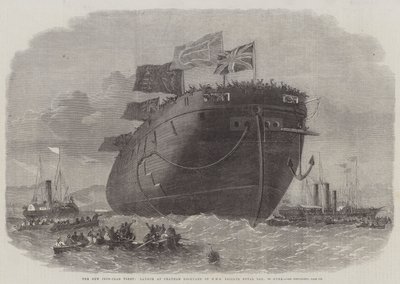 Die neue gepanzerte Flotte, Stapellauf im Chatham Dockyard der HMS Fregatte Royal Oak, 50 Kanonen von Edwin Weedon