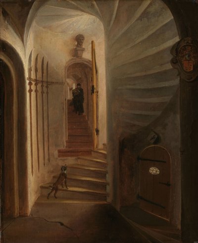Portal eines Treppenturms, mit einem Mann, der die Treppe hinuntergeht: vermutlich der Moment vor der Ermordung von Wilhelm dem Schweiger im Prinsenhof, Delft von Egbert Lievensz. van der Poel (attributed to)