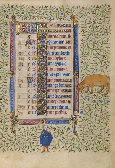 Kalenderseite für April; Blumen pflücken; Stier von Egerton Master