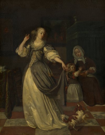 Dame spielt mit einem Hund von Eglon van der Neer