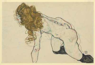 Kauernder weiblicher Akt mit blondem Haar und ruhendem linken Arm (recto) von Egon Schiele