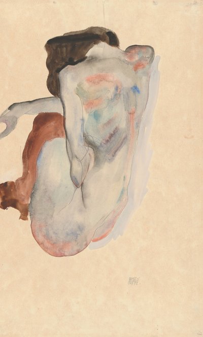 Kauernder Akt in Schuhen und schwarzen Strümpfen, Rückansicht von Egon Schiele