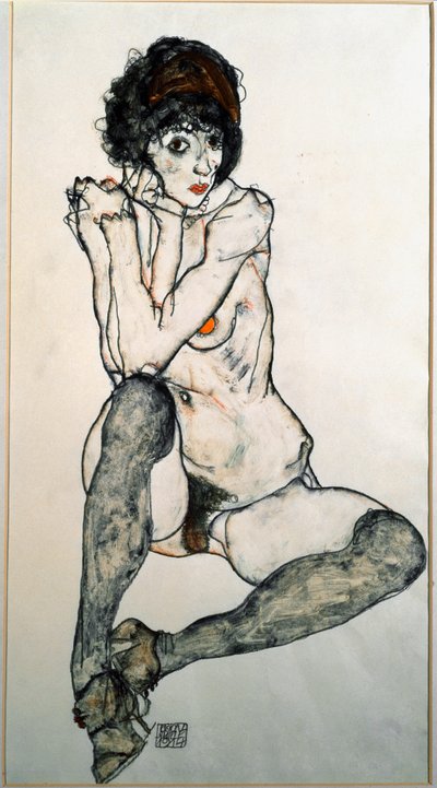 Sitzender weiblicher Akt, Aquarellzeichnung von Egon Schiele (1890-1918), 1914, Dim. 48,3x32 cm, Wien, Graphische Sammlung Albertina von Egon Schiele