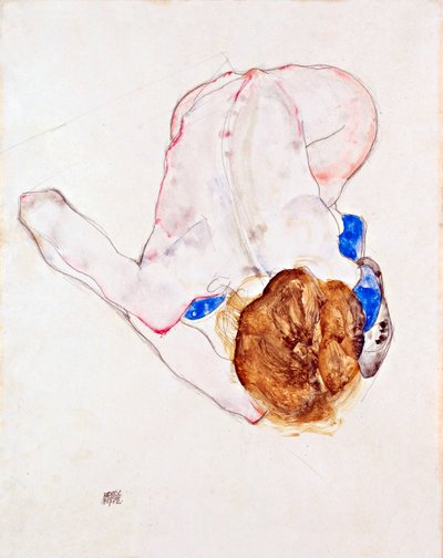 Nackte Frau mit blauen Strümpfen, nach vorne gebeugt von Egon Schiele