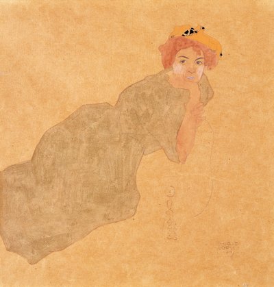 Mädchen im olivfarbenen Kleid mit aufgestütztem Arm von Egon Schiele