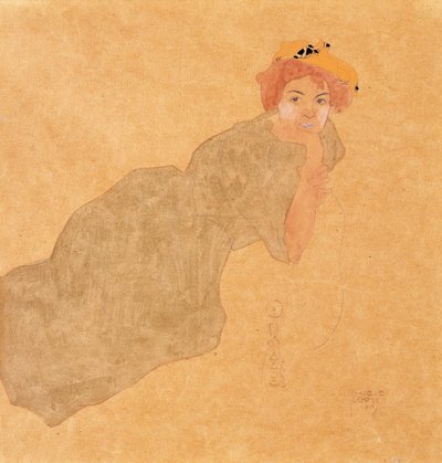 Mädchen im olivfarbenen Kleid mit abgestütztem Arm, 1908 von Egon Schiele