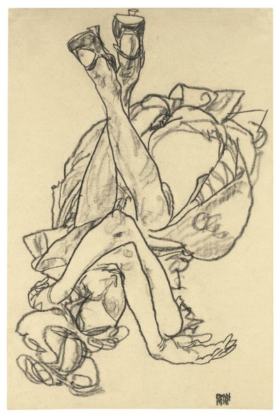 Mädchen liegt auf dem Rücken mit verschränkten Armen und Beinen, 1918 von Egon Schiele