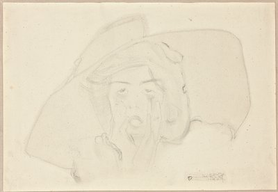 Kopf einer schreienden jungen Frau mit großem Hut, Kinn auf Händen gestützt von Egon Schiele