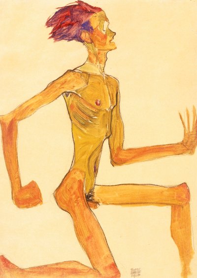 Kniender nackter Mann, im Profil nach rechts von Egon Schiele