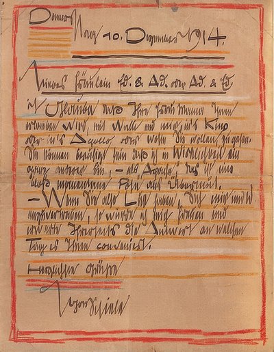 Künstlerisch gestalteter Brief von Egon Schiele an die Schwestern Edith und Adele Harms vom 10. Dezember 1914 von Egon Schiele