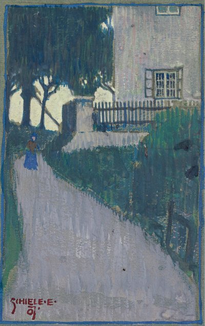 Landschaft mit Haus, Bäumen und weiblicher Figur von Egon Schiele