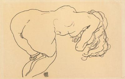 Langhaariger Akt, vornübergebeugt, Rückenansicht, 1918 von Egon Schiele