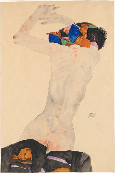 Rückenakt mit buntem Tuch, 1911 von Egon Schiele