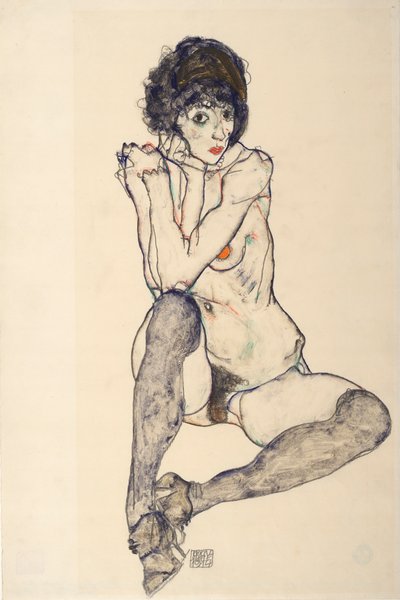 Sitzender weiblicher Akt, Ellenbogen auf rechtem Knie ruhend, 1914 von Egon Schiele
