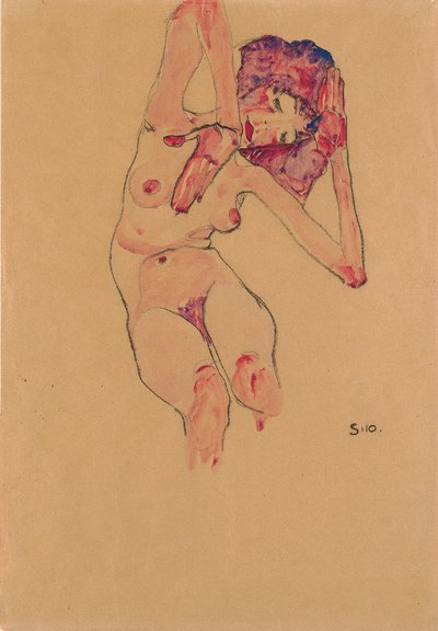 Sitzender weiblicher Akt mit geneigtem Kopf und erhobenen Armen von Egon Schiele