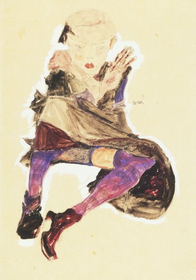 Sitzendes Mädchen mit gestreiften Strümpfen von Egon Schiele