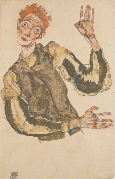 Selbstdarstellung mit gestreiften Ärmelschonern von Egon Schiele