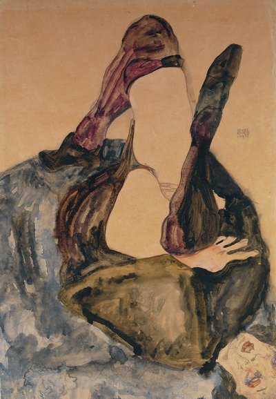 Frau mit erhobenem Bein und lila Strümpfen, 1911 von Egon Schiele