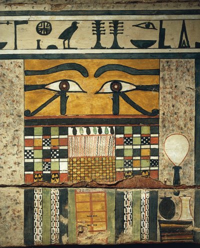 Paneel-Detail mit apotropäischen Augen über verschlossener Tür, symbolisiert den Übergang zur Unterwelt, vom Sarkophag des Irinimenpu von Egyptian 12th Dynasty