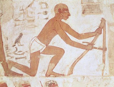 Bau einer Mauer, Detail eines Mannes mit einer Hacke, aus dem Grab von Rekhmire, Wesir von Tuthmosis III und Amenhotep II, Neues Königreich (Detail) von Egyptian 18th Dynasty