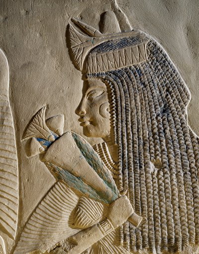 Dejat, Detail des bemalten Basreliefs, das Imenmes und Dejat, die Eltern des Generals Imeneminet, darstellt, aus einem Grab in Memphis, ägyptische Zivilisation, Neues Reich, 18. Dynastie von Egyptian 18th Dynasty