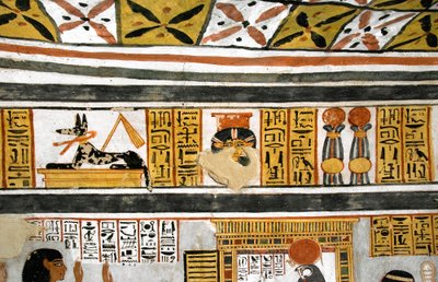 Ägyptische Antiquitäten: Darstellung von Anubis, Hathor und Hieroglyphen. Gemälde aus dem Grab von Roy von Egyptian 18th Dynasty