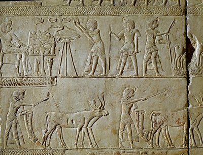 Ägyptische Antike: Szenen der Feldarbeit und Opfergaben an den Pharao. Detail eines Reliefs aus dem Grab von Horemhed (ca. 1323-1293 v. Chr.), königlicher Schreiber von Tutanchamun. 1354-1326 v. Chr. Bologna, Civico Museo Archeologico von Egyptian 18th Dynasty