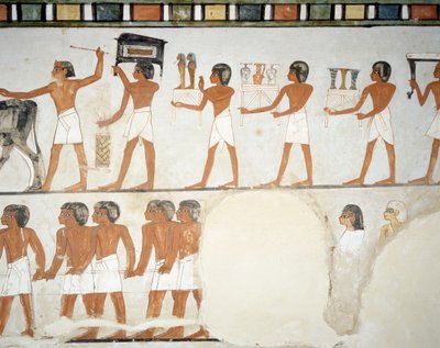 Begräbnisprozession, Detail aus den Fresken in der Kapelle des Grabes von Menna, Sheikh Abd el Qurnah Nekropole, Luxor, Theben (Unesco-Welterbeliste) von Egyptian 18th Dynasty