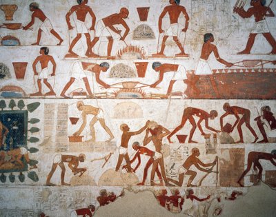 Metallverarbeitung und Herstellung von Lehmziegeln, Fresko, Kapelle, Grab von Rekhmire (TT100), Sheikh Abd el-Qurna, Theben (Unesco-Welterbeliste) von Egyptian 18th Dynasty