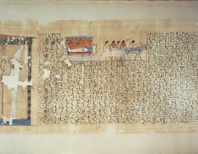 Papyrus, der den Transport des Sarkophags auf einem von Ochsen gezogenen Wagen darstellt, aus dem Totenbuch des Maiherperi von Egyptian 18th Dynasty