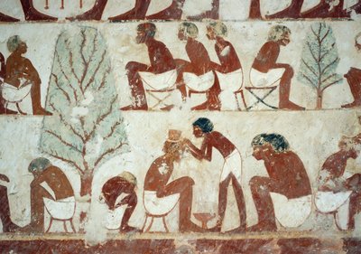 Soldaten, die sich die Haare schneiden lassen, Detail aus den Fresken im Grab von Userhat, Sheikh Abd el Qurnah Nekropole, Luxor, Theben (Unesco-Weltkulturerbe) von Egyptian 18th Dynasty