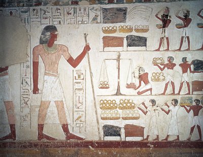 Das Wiegen von Kupfer, Fresko, Grab des Userhat, Lehrer und Schreiber während der Herrschaft von Amenophis II., auch bekannt als Grab TT56, Scheich Abd el-Qurna, Theben (Unesco-Welterbeliste) von Egyptian 18th Dynasty