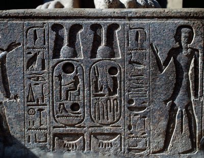 Hieroglyphen, Detail des Hufs der kolossalen Statue des Königs, Ramesses II Hof, Tempel des Amun (Unesco-Welterbeliste) von Egyptian 19th Dynasty