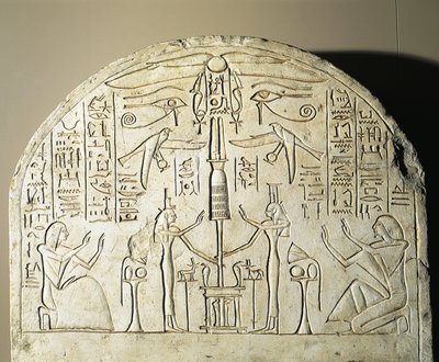Kalksteinstele von Perinefer, mit Isis und Neftis, die ein Fetisch verehren, das Osiris darstellt, aus Abydos, Regierungszeit von Ramses II. von Egyptian 19th Dynasty