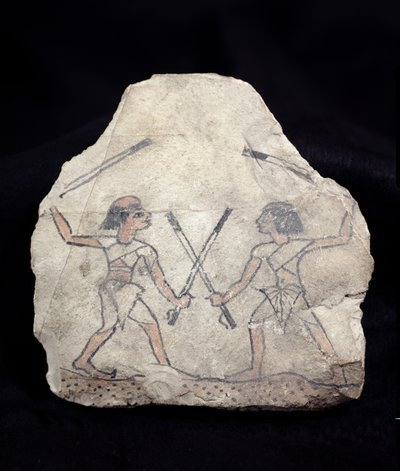 Ostrakon, das zwei Männer zeigt, die mit Stöcken kämpfen, aus Deir El-Medina, Neues Reich von Egyptian 19th Dynasty