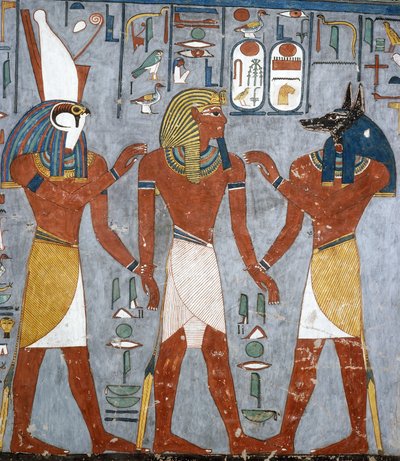 Ramses I. zwischen Horus und Anubis, Fresko, Grabkammer, Grab von Ramses I. (KV16), Tal der Könige, Theben von Egyptian 19th Dynasty
