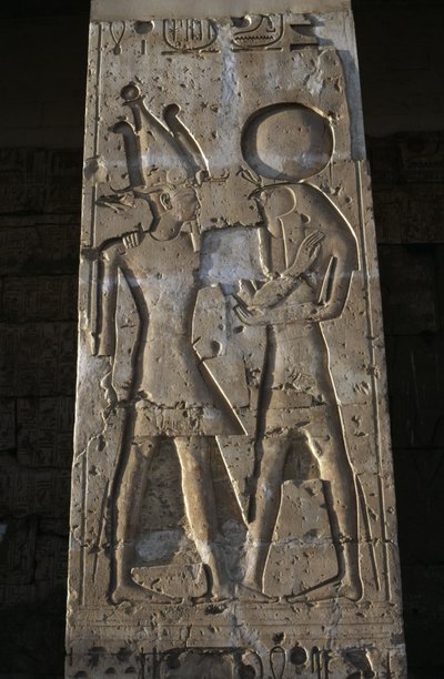 Relief, das den Pharao mit dem Gott Horus zeigt, Portikus des Tempels von Sethos I. von Egyptian 19th Dynasty
