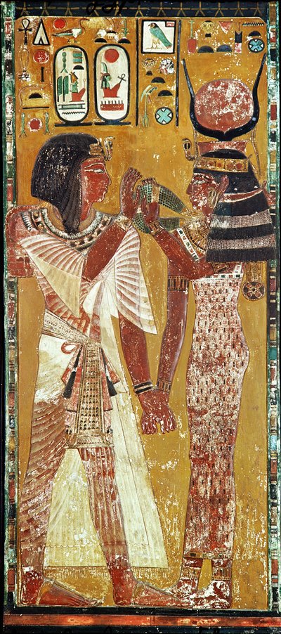 Relief, das die Göttin Hathor zeigt, wie sie das magische Halsband auf Seti I legt, Neues Reich von Egyptian 19th Dynasty