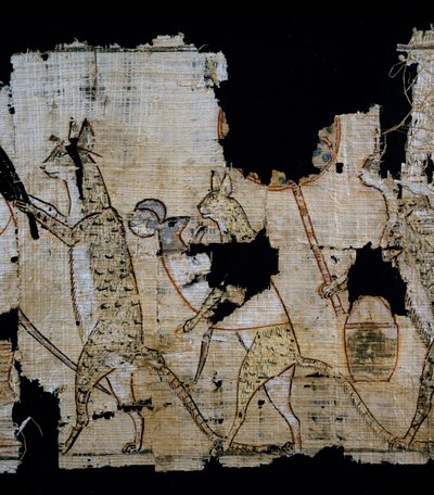 Papyrus, der eine satirische Szene darstellt, ca. 1100 v. Chr., aus der Regierungszeit von Ramses IX., Detail, Ägyptische Zivilisation, Neues Reich, Dynastie XX von Egyptian 20th Dynasty