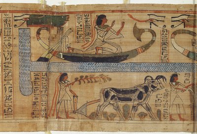 Detail aus dem Totenbuch des Priesters Aha-Mer, das eine Barke und eine Bauernszene darstellt, Dritte Zwischenzeit von Egyptian 21st Dynasty